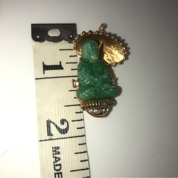 Vtg Jadeite Peking Glass Rhinestone Gold Tone Buddha  Brooch 1.7” - Picture 4 of 5